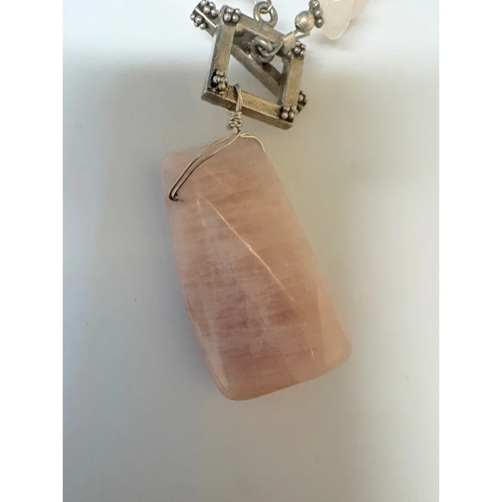 Rose Quartz Chip Bead Necklace with Large‎ Slab Pendant Toggle Clasp Pink Silver